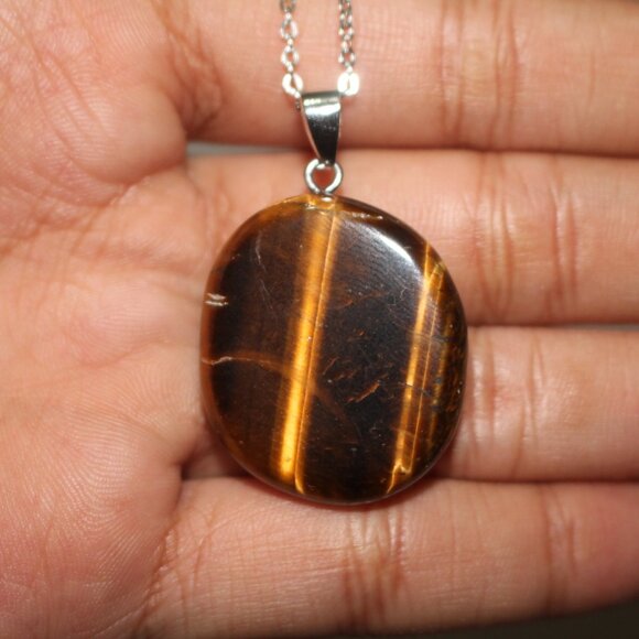 Tiger’s Eye Polished Stone Pendant Necklace – Natural Brown Gem Charm - Picture 3 of 6